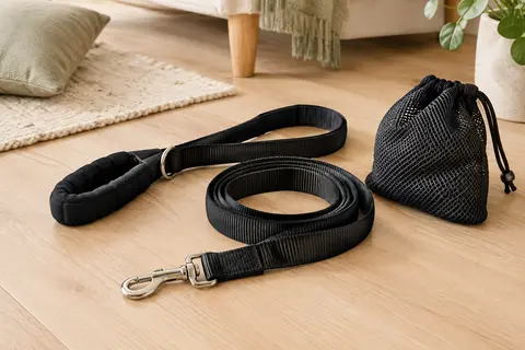 Longe noire de 20 m en nylon avec poignée rembourrée, mousqueton métallique et sac en filet.
