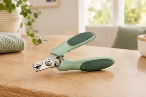 Coupe-griffes vert à lames inclinées en acier inoxydable posé sur une surface en bois clair.