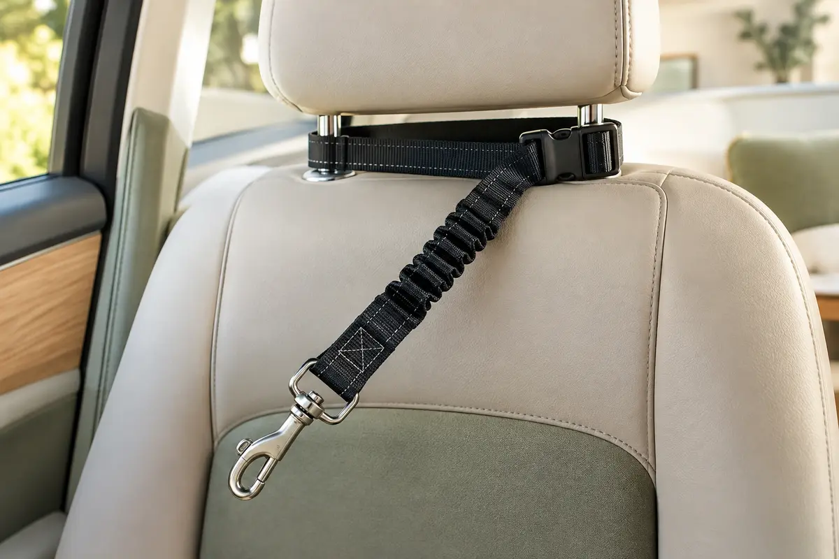 Sangle noire de sécurité auto pour chien fixée à un appuie-tête, avec mousqueton métallique et partie élastique.