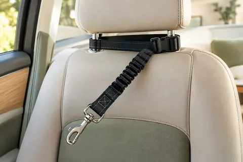 Sangle noire de sécurité auto pour chien fixée à un appuie-tête, avec mousqueton métallique et partie élastique.