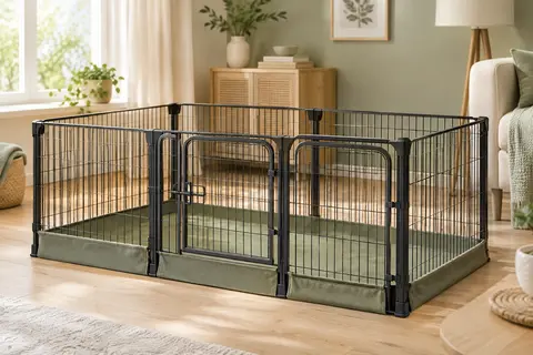Parc intérieur noir SONGMICS à panneaux grillagés, trois portes et tapis à bords relevés
