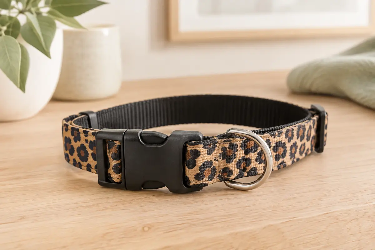 Collier Suredoo en nylon à motif léopard, avec boucle rapide et anneau métallique, posé sur du bois clair.
