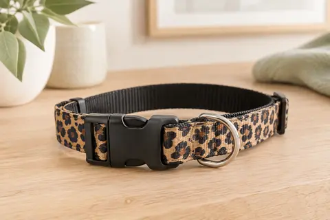 Collier Suredoo en nylon à motif léopard, avec boucle rapide et anneau métallique, posé sur du bois clair.