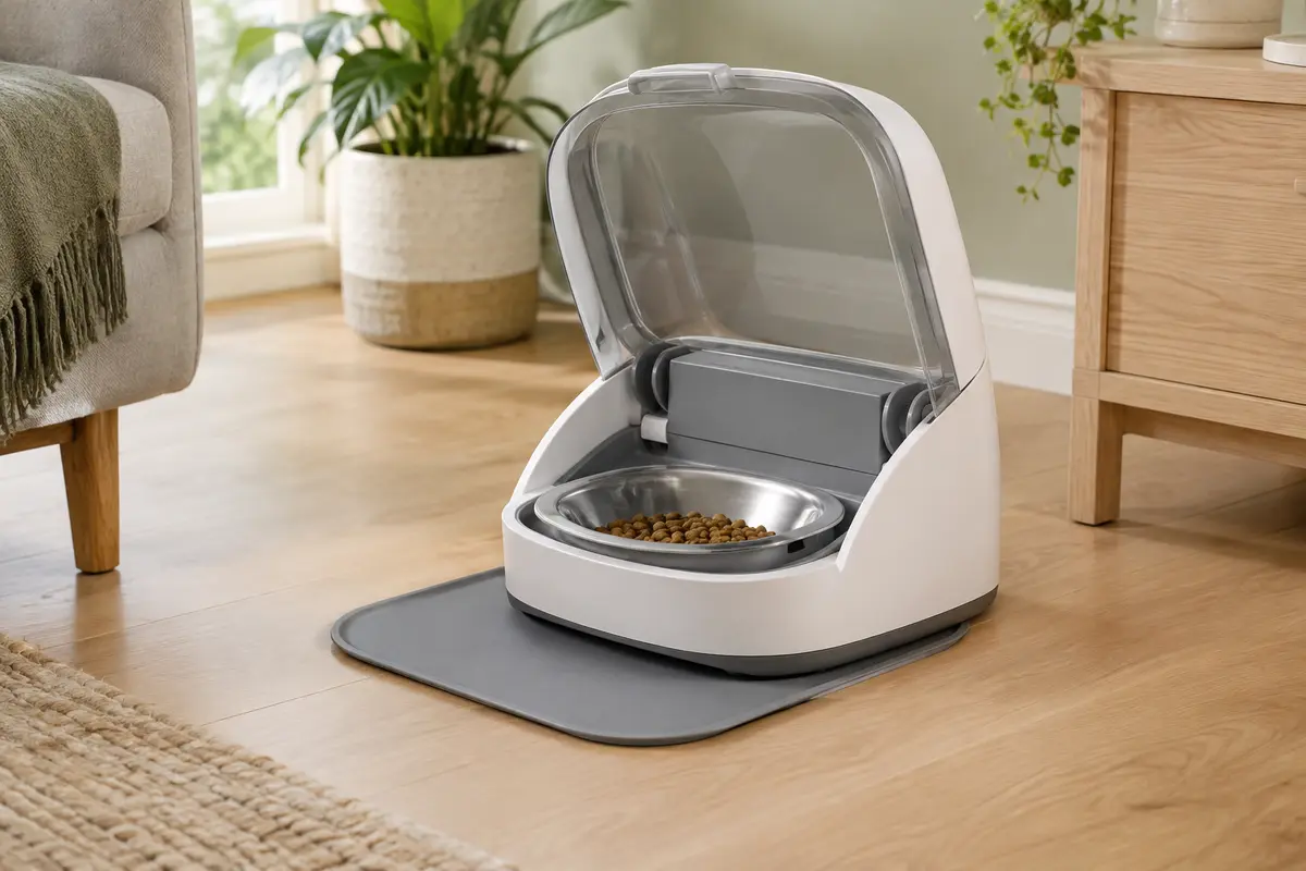 Distributeur SureFeed blanc et gris avec couvercle ouvert, bol et tapis gris sur un meuble en bois clair