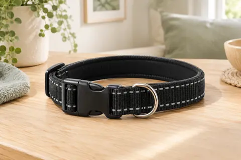 Collier noir réglable pour chien avec rembourrage en néoprène, boucle de sécurité et coutures réfléchissantes