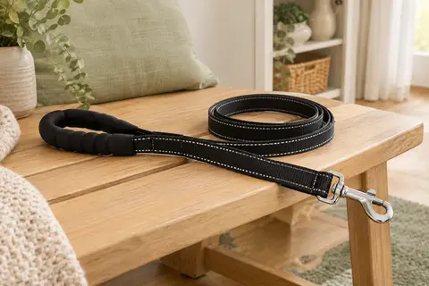 Laisse noire pour chien avec poignée rembourrée, fils réfléchissants et crochet pivotant en métal.