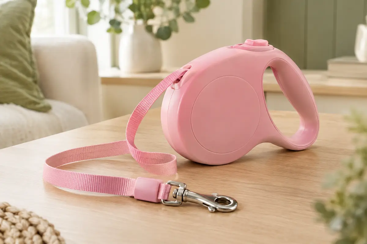 Laisse rétractable rose avec boîtier en ABS, ruban en nylon partiellement déroulé et crochet pivotant.