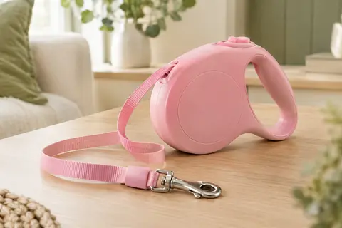 Laisse rétractable rose avec boîtier en ABS, ruban en nylon partiellement déroulé et crochet pivotant.