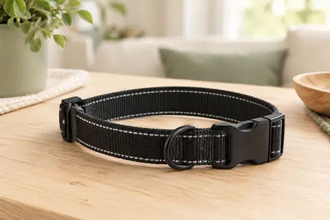 Collier pour chien TagME noir en nylon, avec deux lignes réfléchissantes et une boucle rapide