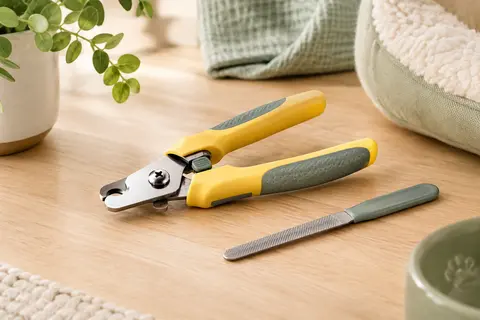 Coupe-griffes jaune Thunderpaws avec lames en acier, butée de protection, verrou et lime à côté
