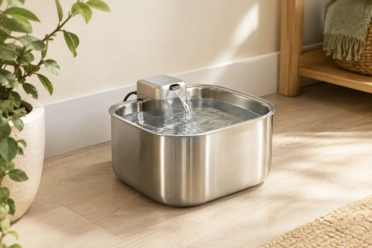 Fontaine à eau pour chat en acier inoxydable argenté, présentée dans un intérieur lumineux aux tons naturels.