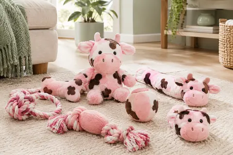 Assortiment rose de jouets pour chien en peluche et en corde présenté dans un intérieur lumineux.