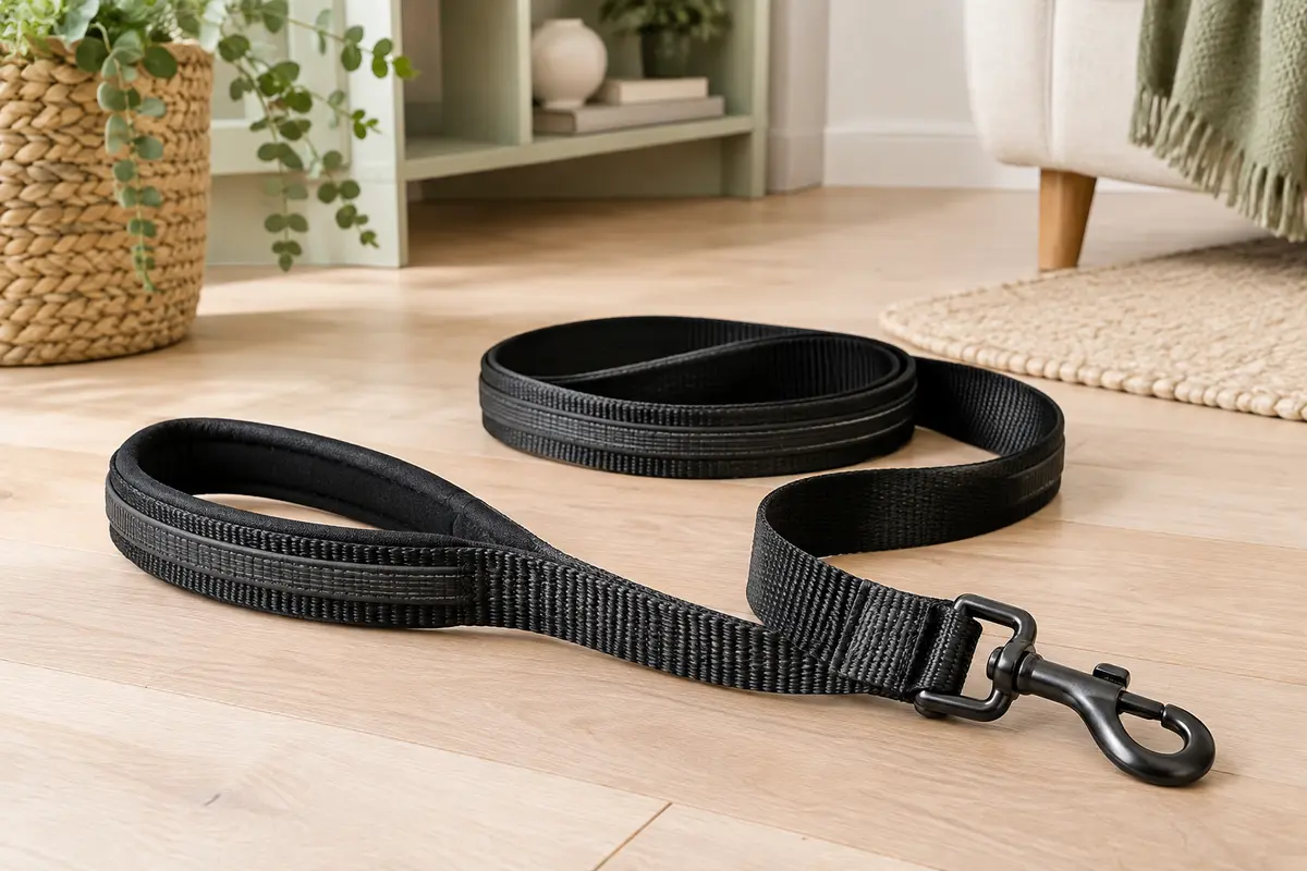 Longe noire pour chien de 5 m avec poignée agrandie, zone adhérente et mousqueton pivotant