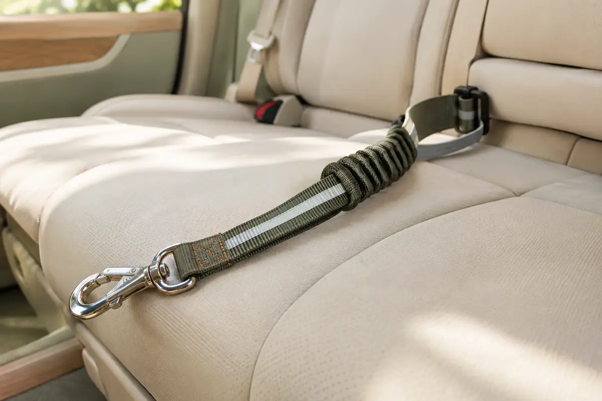 Sangle auto en nylon avec partie élastique, mousqueton métallique et détail réfléchissant sur une banquette