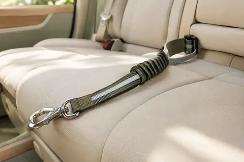 Sangle auto en nylon avec partie élastique, mousqueton métallique et détail réfléchissant sur une banquette