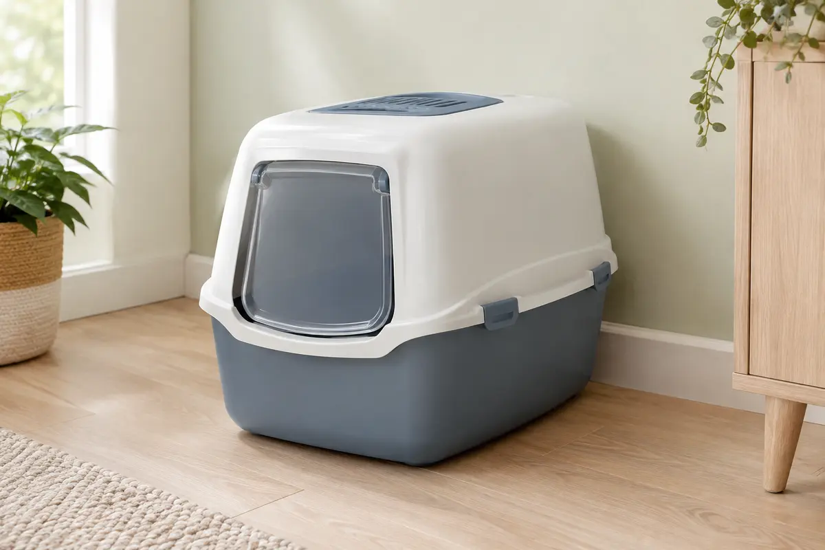 Bac à litière couvert TRIXIE bleu gris et blanc avec chatière, dans un intérieur lumineux.
