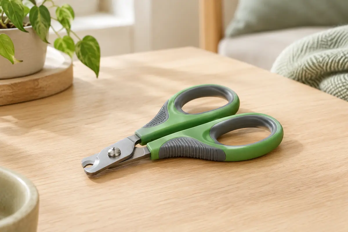Coupe-griffes compact vert et gris avec poignées antidérapantes et lames métalliques, posé sur du bois clair.