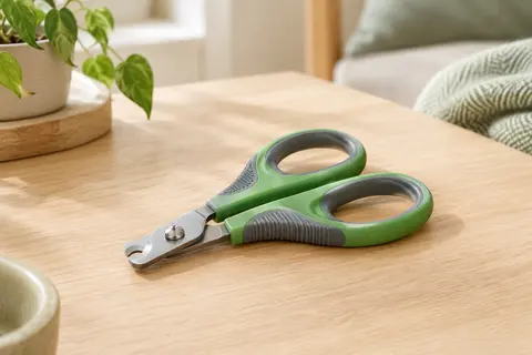 Coupe-griffes compact vert et gris avec poignées antidérapantes et lames métalliques, posé sur du bois clair.