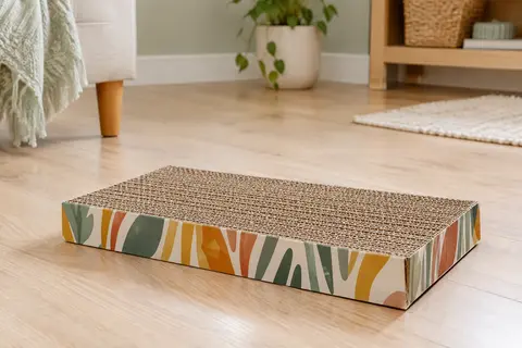 Griffoir pour chat Trixie en carton ondulé multicolore, posé à plat sur un sol en bois clair.