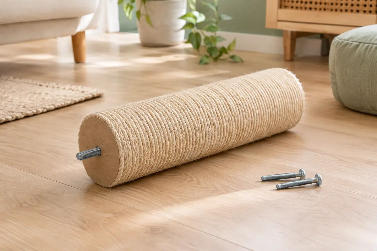 Poteau de rechange beige en sisal naturel avec sa tige filetée et ses deux vis, sur un sol en bois clair.
