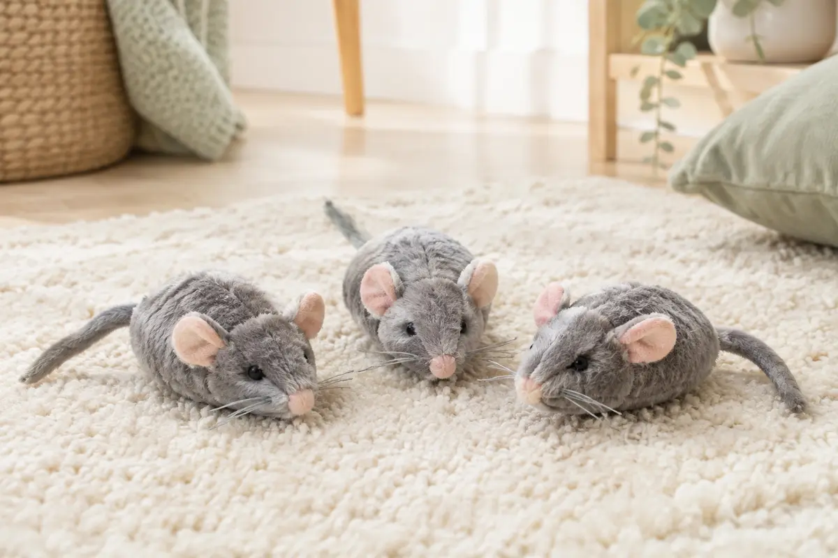 Trois souris grises en peluche garnies d’herbe à chat, posées sur un tapis clair dans un intérieur lumineux.