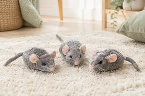 Trois souris grises en peluche garnies d’herbe à chat, posées sur un tapis clair dans un intérieur lumineux.