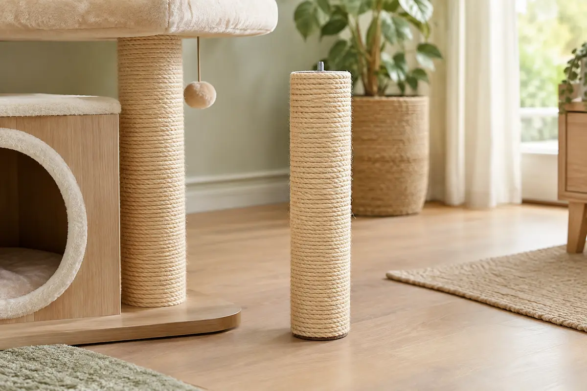 Tronc de remplacement TRIXIE en sisal naturel, posé près d’un arbre à chat dans un intérieur lumineux.