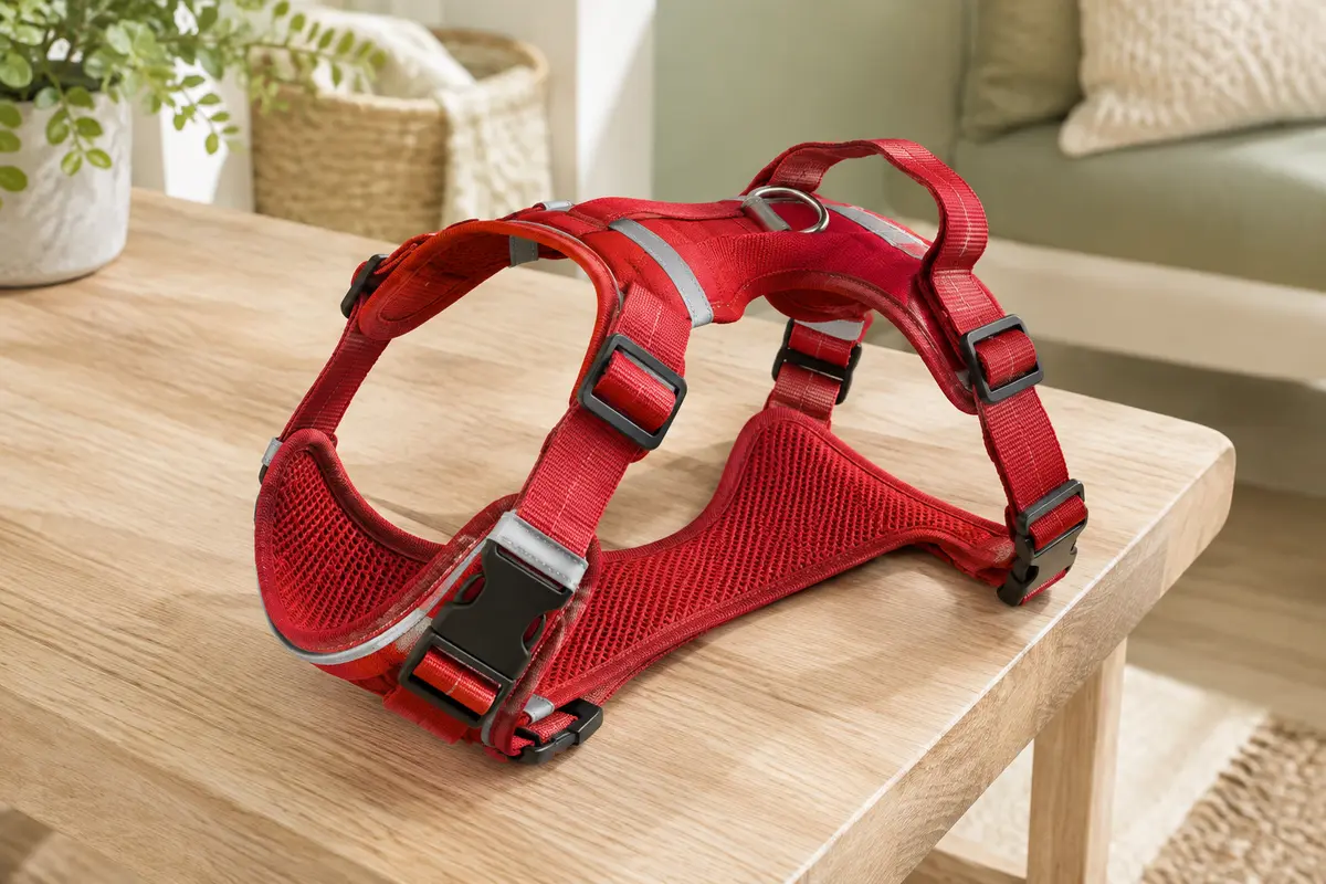 Harnais pour chien rouge avec sangles réglables, bandes réfléchissantes, rembourrage en maille et poignée arrière