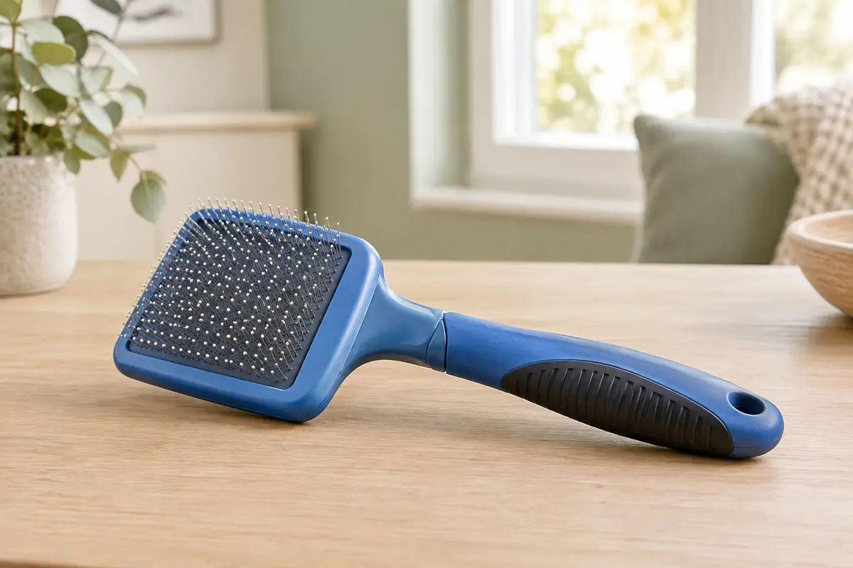 Brosse autonettoyante bleue pour chiens et chats, avec picots métalliques et poignée antidérapante