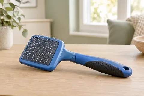 Brosse autonettoyante bleue pour chiens et chats, avec picots métalliques et poignée antidérapante