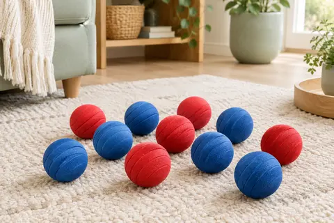 Douze balles pour chat en mousse EVA, rouges et bleues, disposées sur un tapis clair.