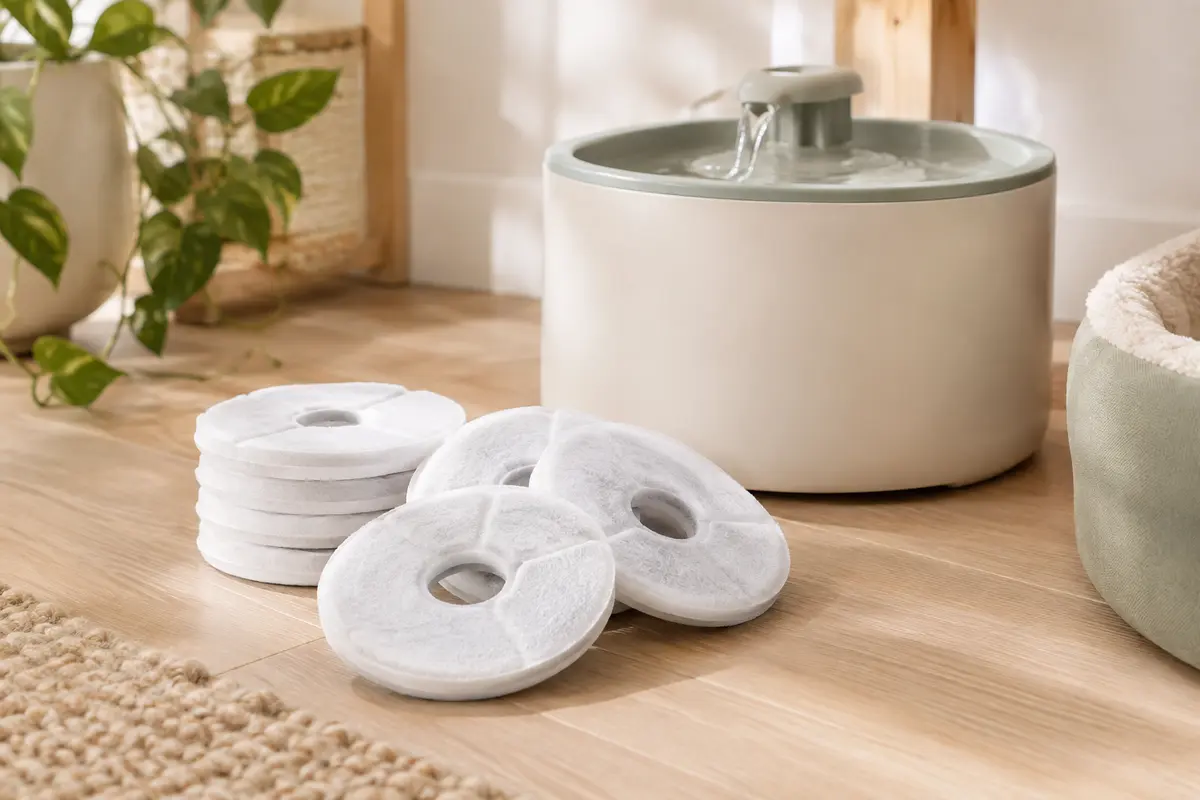 Filtres blancs circulaires pour fontaine à chat, avec ouverture centrale, posés près d’une fontaine