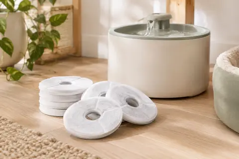 Filtres blancs circulaires pour fontaine à chat, avec ouverture centrale, posés près d’une fontaine