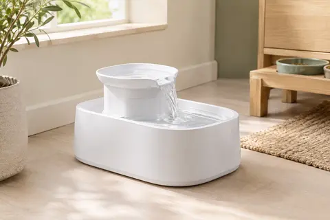 Fontaine à eau blanche ZEUS de 6 litres, surélevée, installée dans un intérieur lumineux