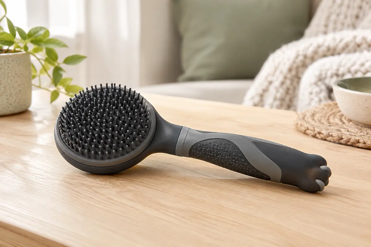 Brosse Zivacate gris foncé à tête ronde et poignée en forme de griffe, posée sur une surface en bois clair.