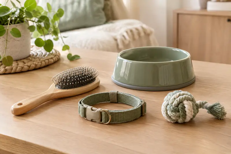 Brosse, gamelle, collier et jouet présentés dans une ambiance douce et naturelle