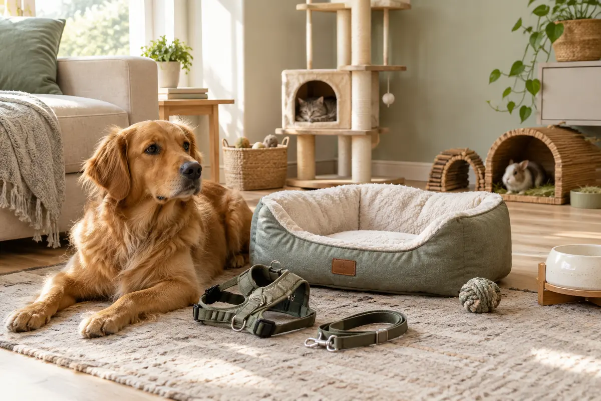 Accessoires pour chien et chat disposés dans un intérieur lumineux aux tons naturels